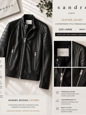 Sandro Black Leather Jacket with Quilted Shoulders